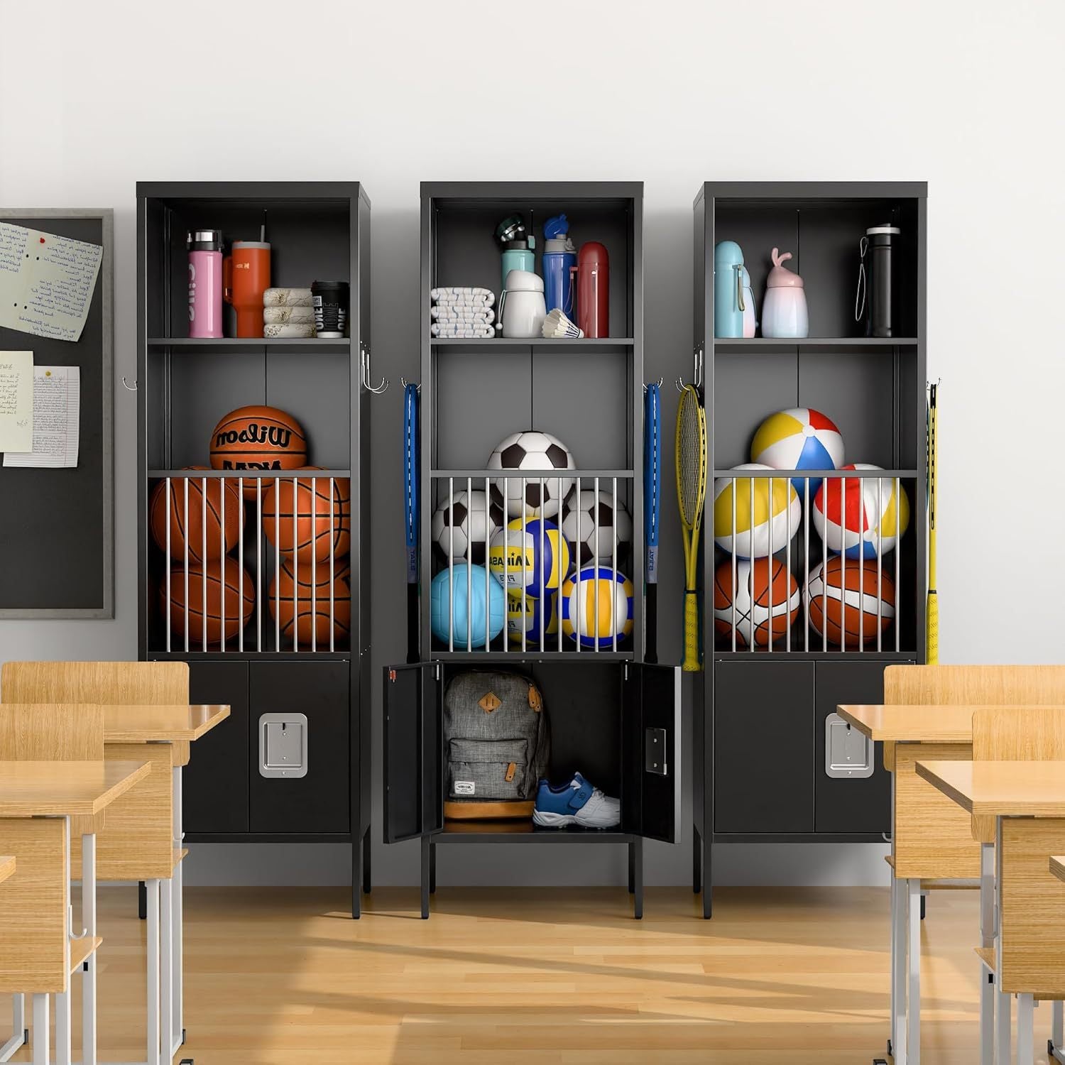 Metal Sports Fence Locker Is Suitable For School,Storage Locker With Hooks & Lock Door,Storage Sports Equipment For Gym, Ball Park,Stadium,Garage,Assembly Required,Black