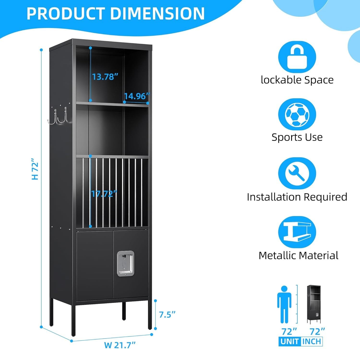 Metal Sports Fence Locker Is Suitable For School,Storage Locker With Hooks & Lock Door,Storage Sports Equipment For Gym, Ball Park,Stadium,Garage,Assembly Required,Black