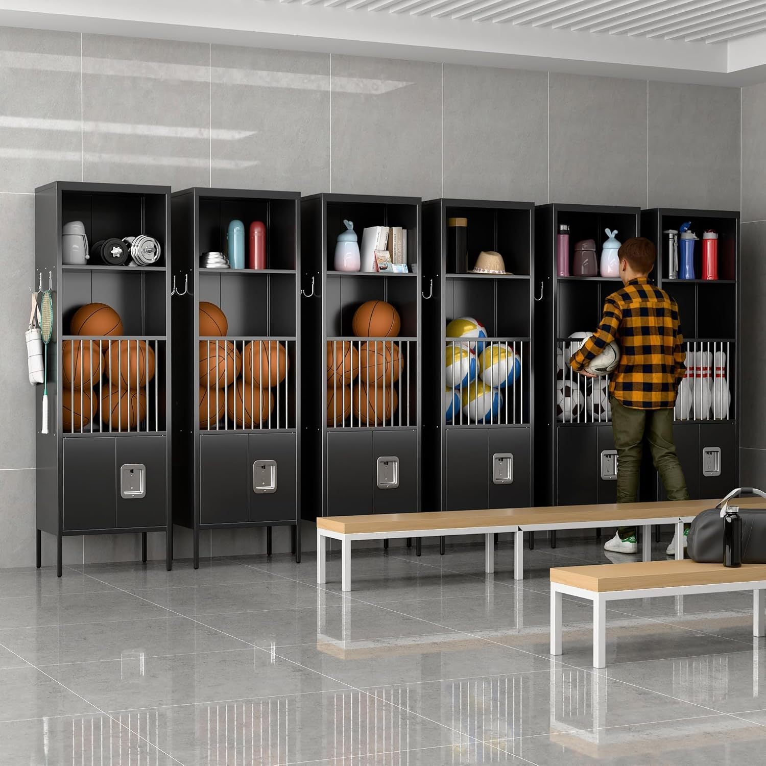Metal Sports Fence Locker Is Suitable For School,Storage Locker With Hooks & Lock Door,Storage Sports Equipment For Gym, Ball Park,Stadium,Garage,Assembly Required,Black